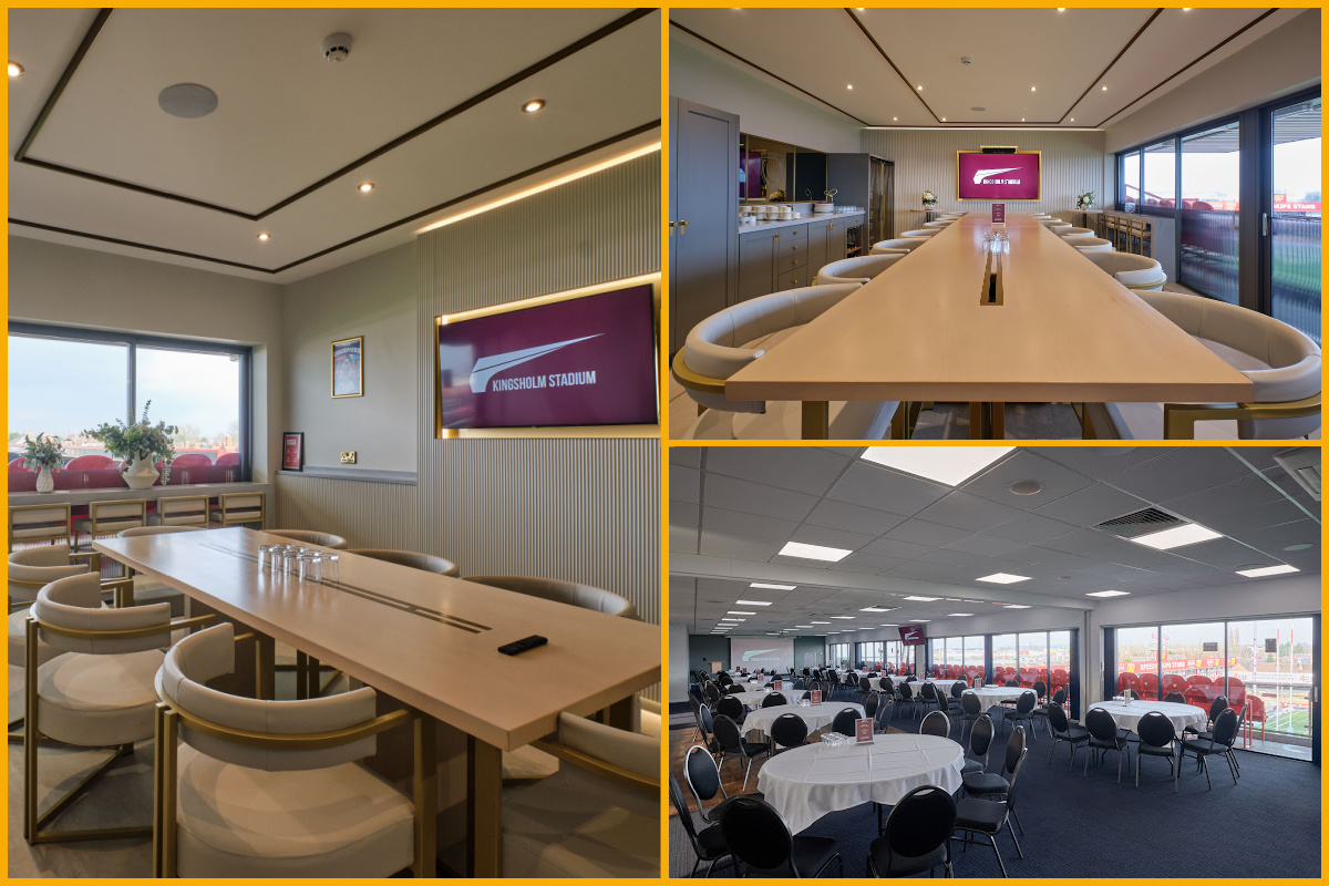 Collage of conferences and events space at Kingsholm Stadium by Gloucester Rugby.